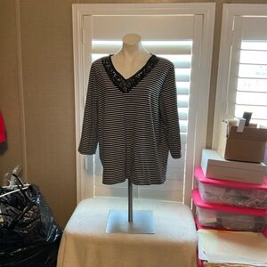 Chaps Black and White Striped Blouse with Lace Neckline